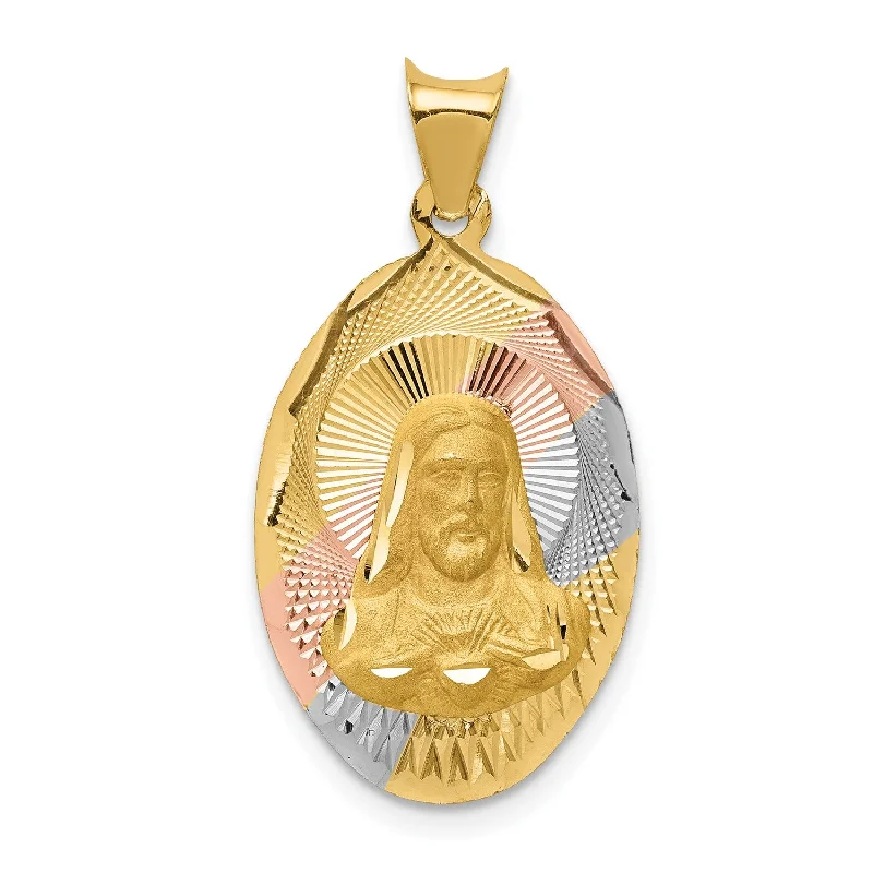 14KT Gold Tri-Color 28X14MM Religious Medal Sacred Heart Pendant. Chain Not Included