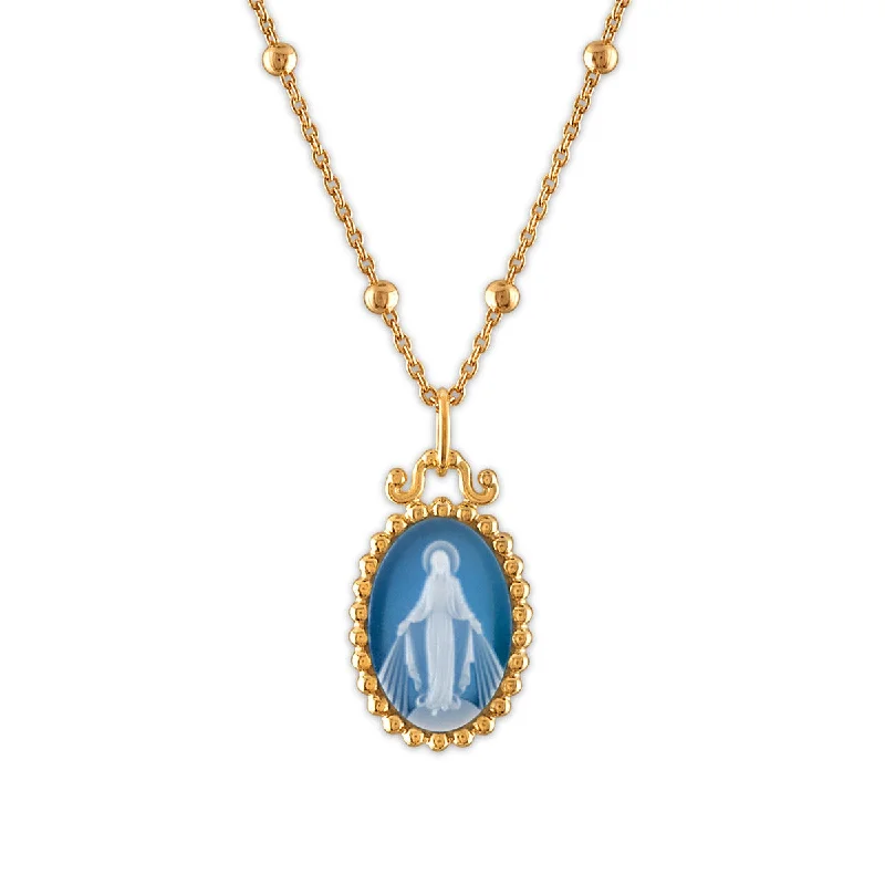 Frank Ronay Collection Blue Agate 15X10MM 18-inch Virgen Milagrosa Pendant in 18KT Yellow Gold Plated Sterling Silver