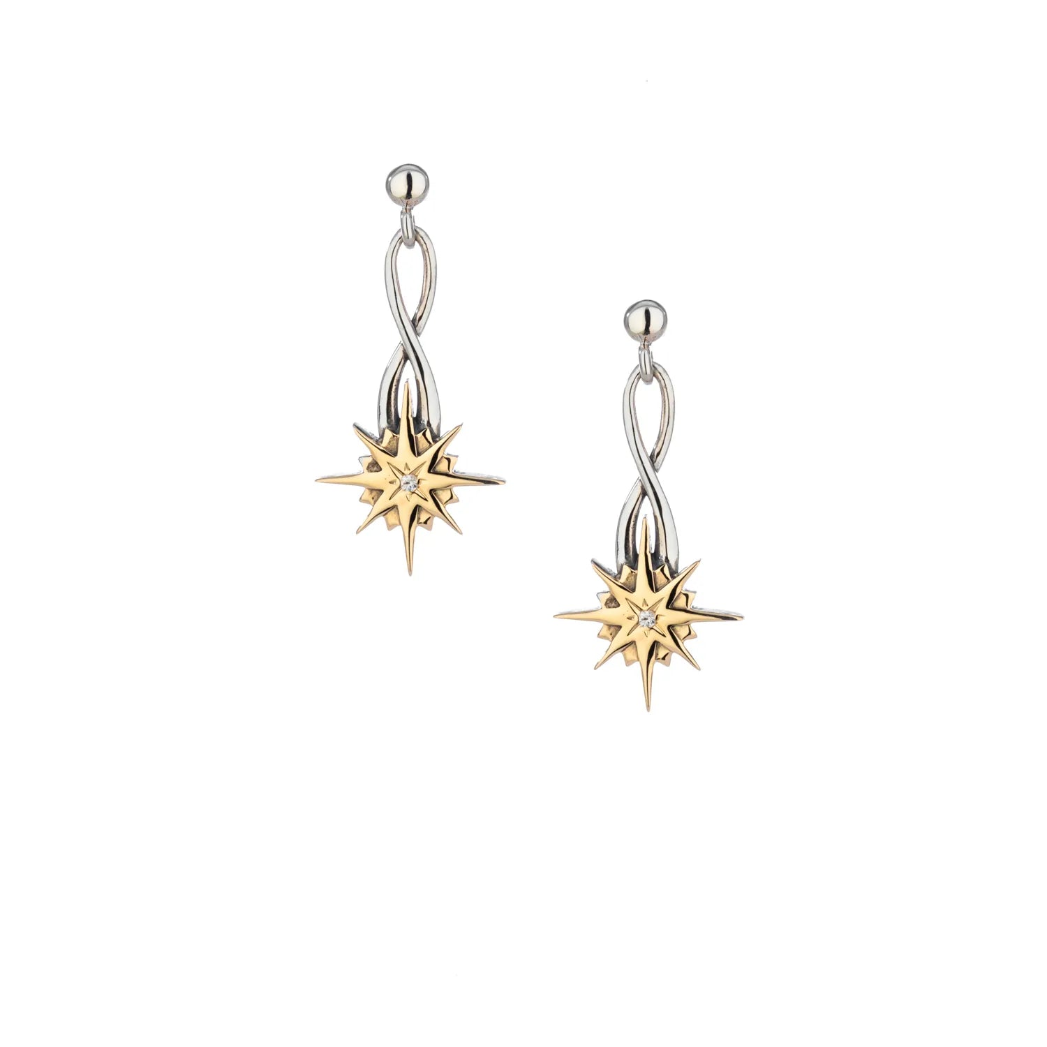 Keith Jack Sterling Silver + 10k Compass with White Sapphire (1.3mm) Star Post Dangle Earrings