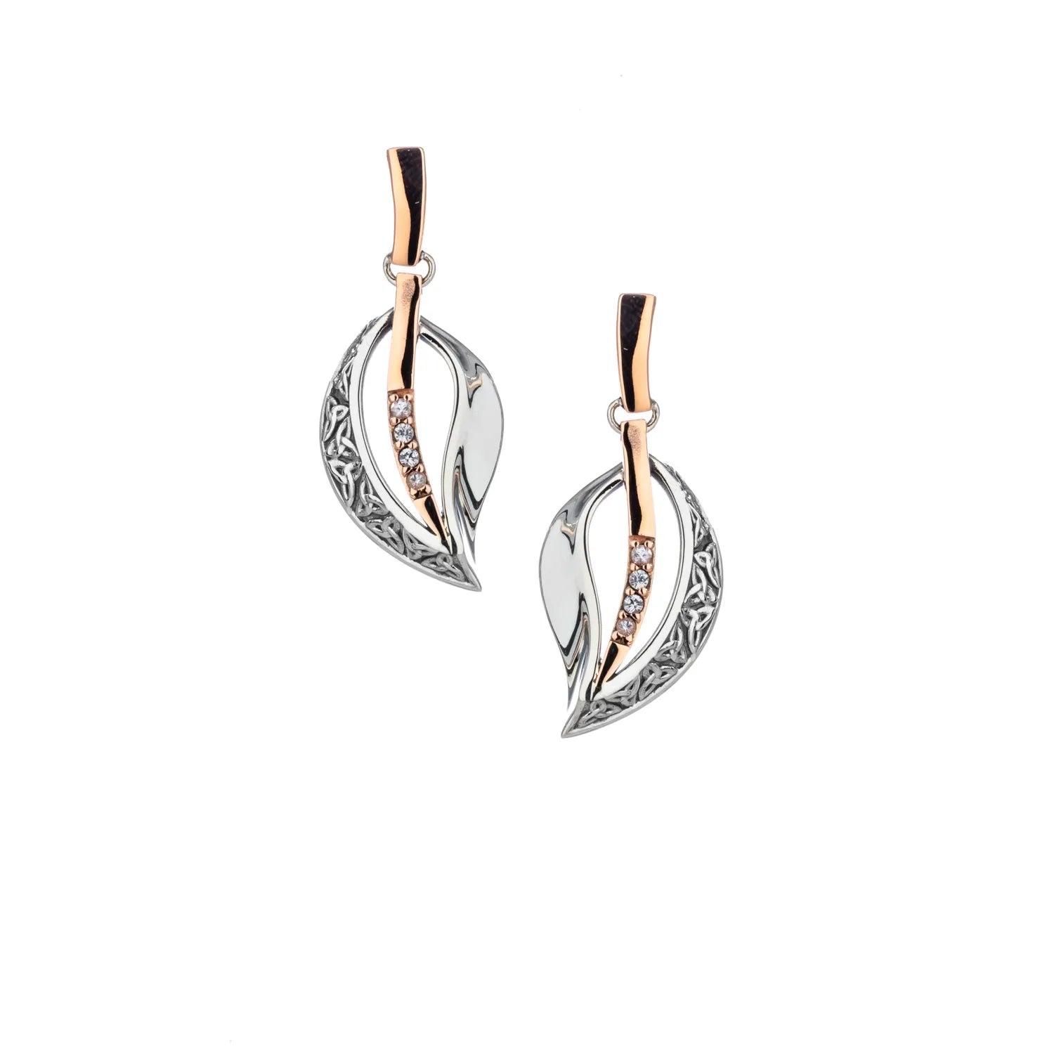 Keith Jack Sterling Silver Oxidized + 10k Rose Trinity Leaf with White Sapphire Large earrings