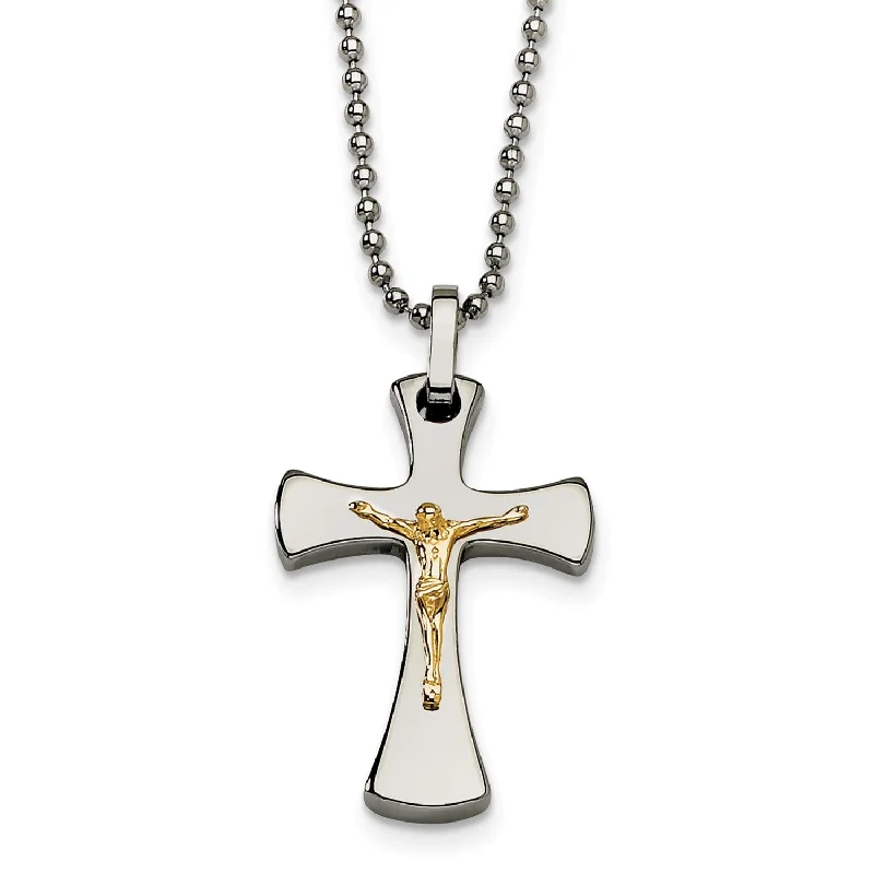 Stainless Steel 14k Gold Accent Crucifix Pendant