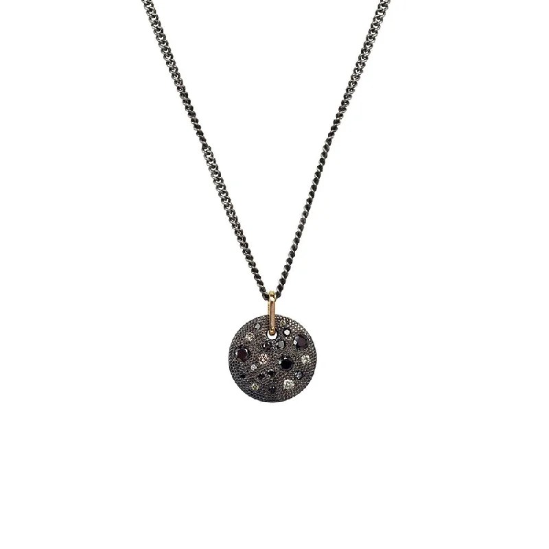 Sterling silver Black Rhodium CHARLIE Disc Pendant with Black and Champagne Diamonds