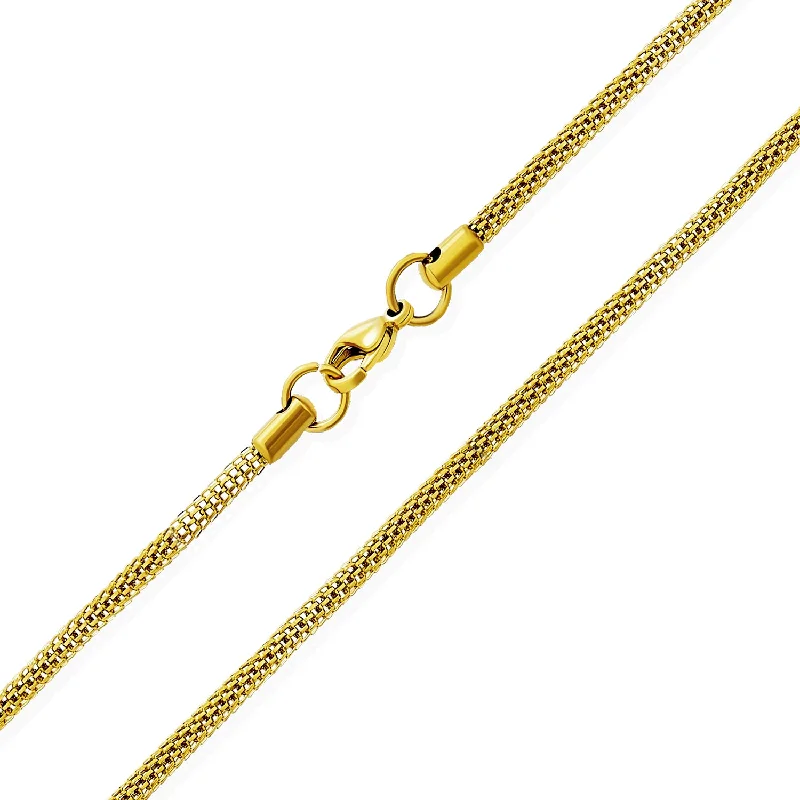 Unisex Bali Caviar Yellow Gold Popcorn Chain Necklace - Men's Steel 3.5MM 20 24 30"