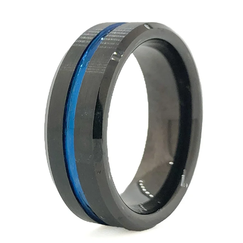 Blue Line & Black Tungsten Wedding Bands