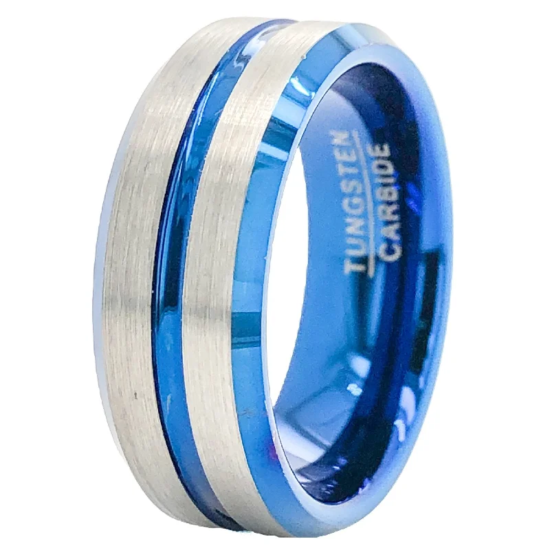 Men's Brushed Gunmetal Tungsten Carbide & Blue IP Plated 8mm Band