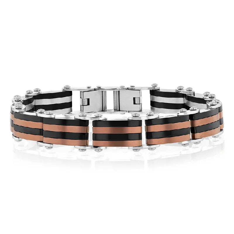 Stainless Steel Multo Tone Black Silver And Chocolate Hinged 21cm Bracelet