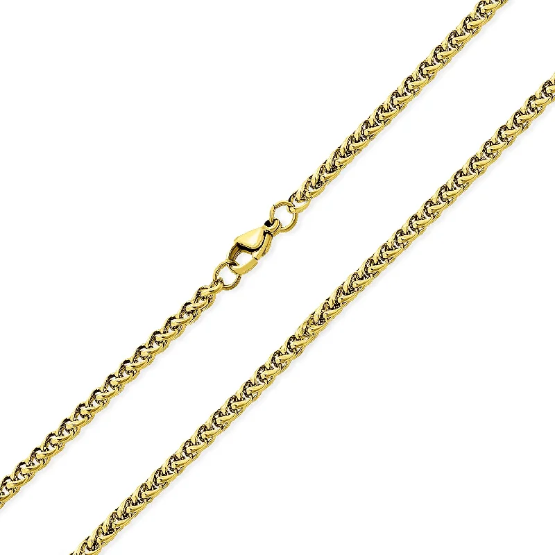 Unisex Wheat Foxtail Chain Necklace Gold Plated Stainless Steel 20-30 Inch