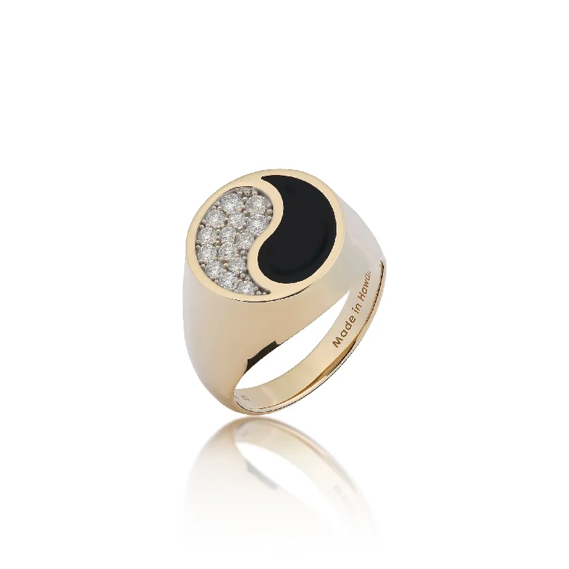 Yin Yang Black Coral Ring in Gold with Diamonds - 17.5mm