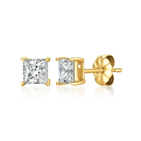 Crislu 18KT Yellow Gold Plated Sterling Silver Princess Cut Cubic Zirconia Stud Earrings