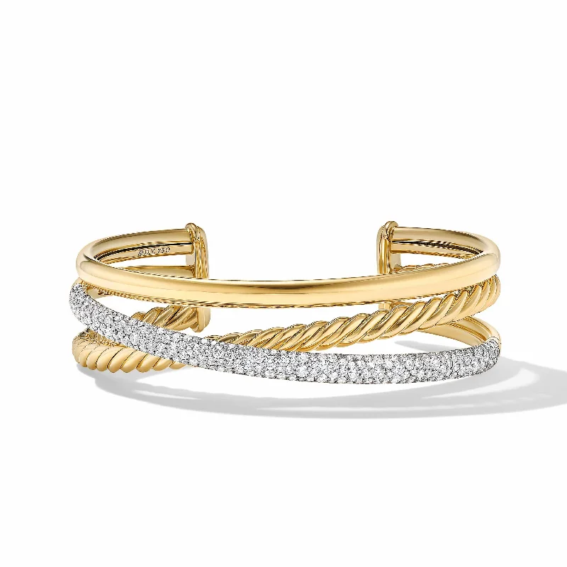 Pavé Crossover Three Row Cuff Bracelet in 18K Yellow Gold with Diamonds